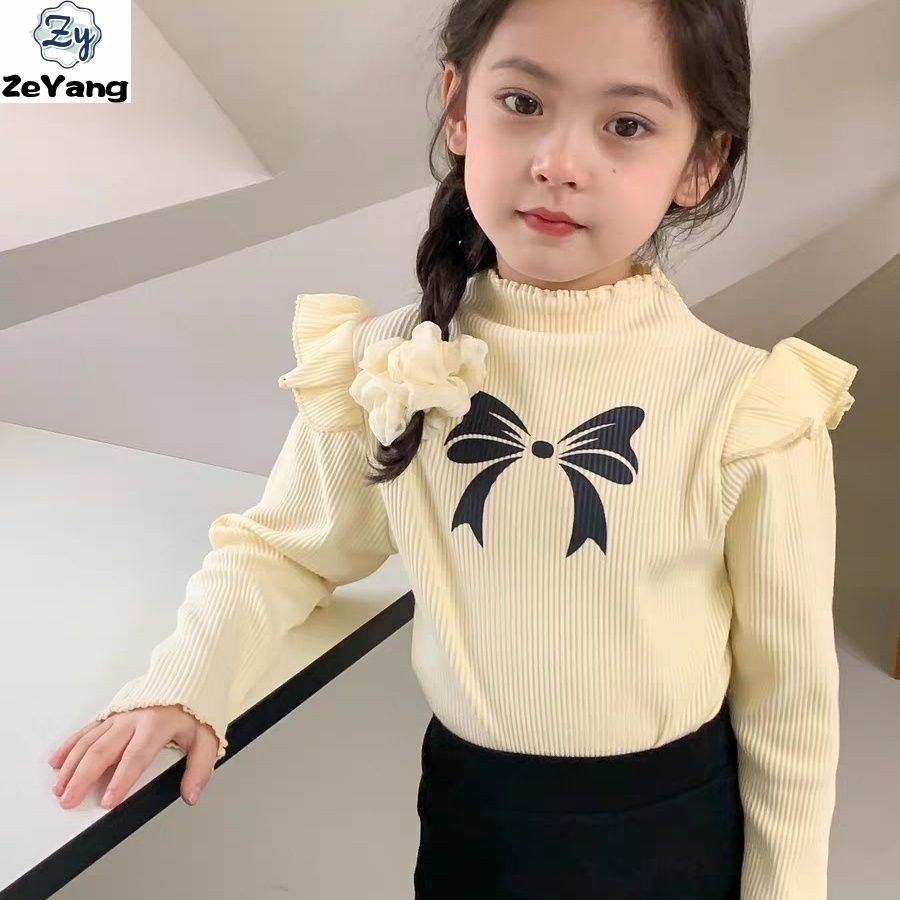 [ZY] 70-150 พร้อมสต็อกเด็ก Bowknot เสื้อยืดแขนยาวแขนใบบัวยาว T ฤดูใบไม้ร่วงฤดูหนาวเด็กทารกสบายๆ Bottoming เสื้อ Pit Strip S