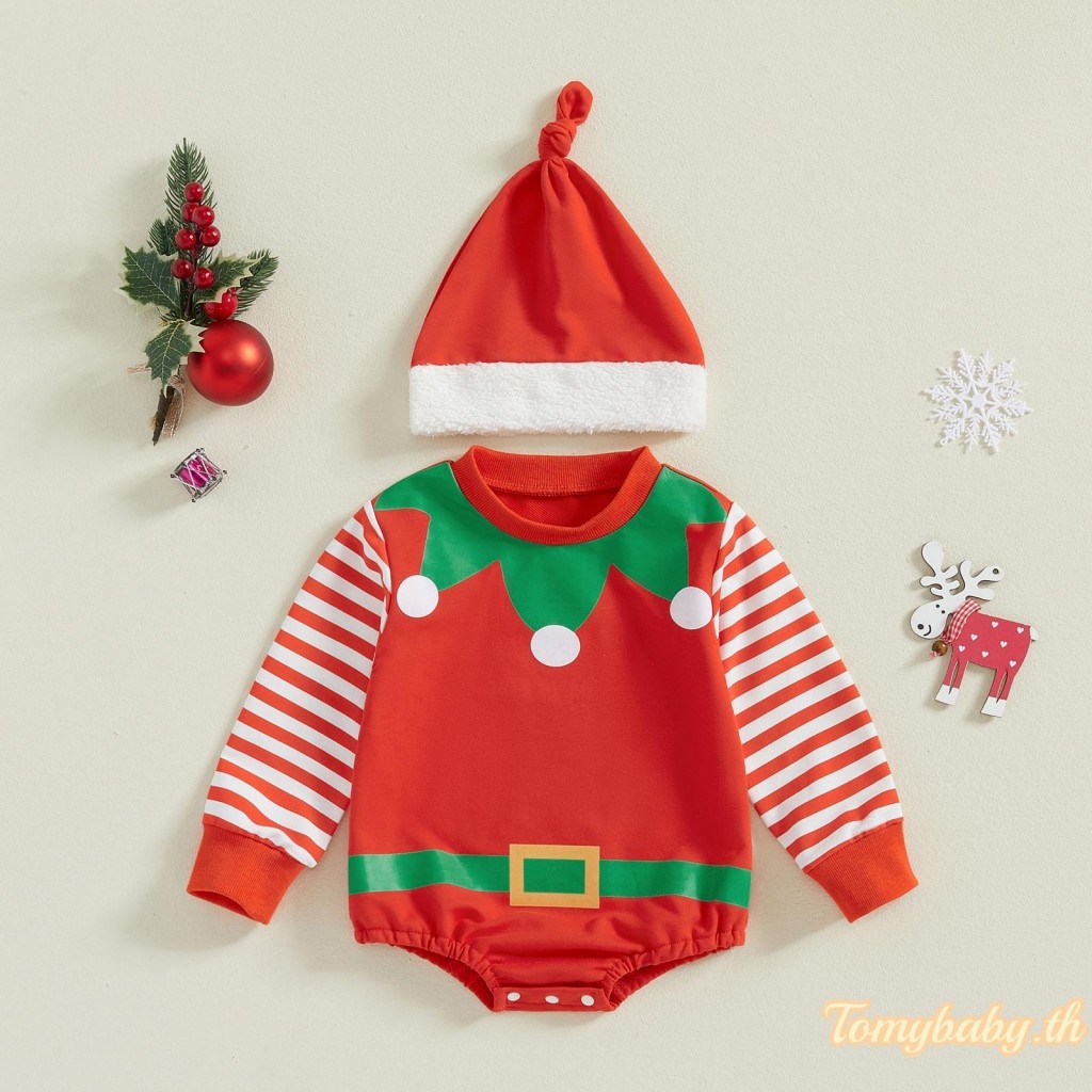 Tomybaby-ชุดรอมเปอร์คริสต์มาสสําหรับเด็กซานตาคลอสลายแขนยาวจั๊มสูทฤดูใบไม้ร่วง + ชุดหมวกตัดแต่งเทอร์รี่