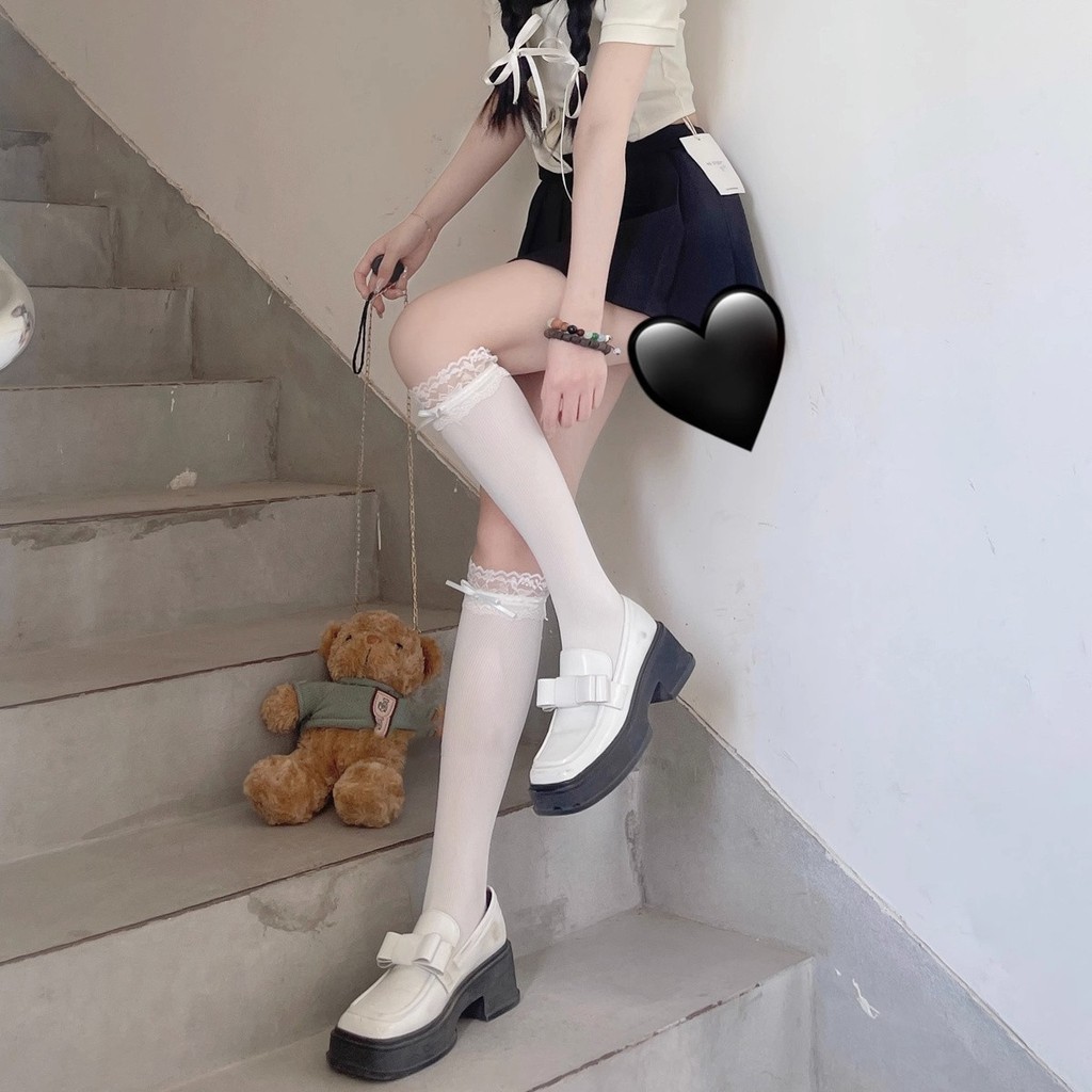 ถุงเท้ายาวถึงเข่า JK สไตล์ญี่ปุ่น ถุงเท้าโบว์ลูกไม้ บางเฉียบ ระบายอากาศได้ดี เนื้อผ้านุ่ม สไตล์โลลิต้า - รูปที่ 3