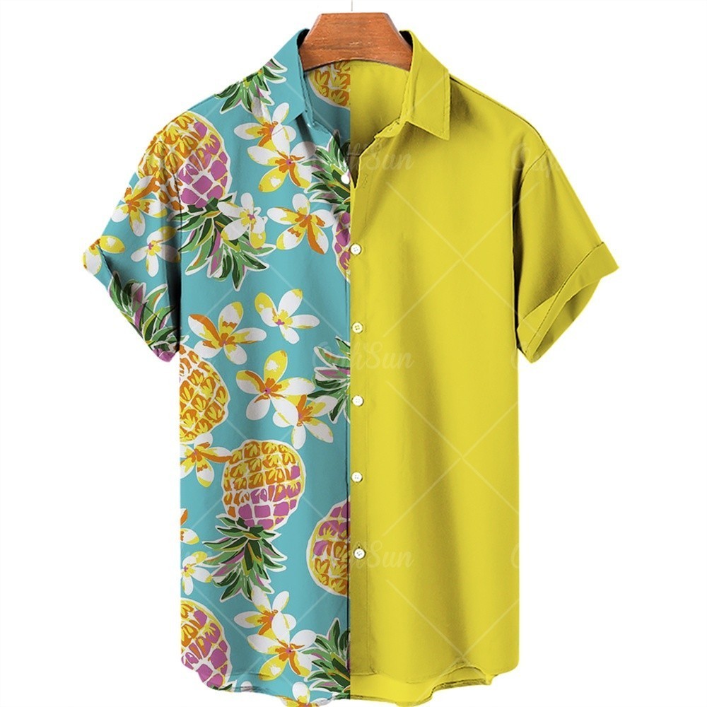American New Fold Collar เสื้อเชิ้ตแขนสั้นผู้ชาย Tropical Fruit Print Full of Vitality and Vitality วัสดุโพลีเอสเตอร์ เย็นสบาย ทําความสะอาดง่าย ไม่ซีดจาง
