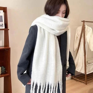 【⚡เวลาจำกัดราคาต่ำ】โบลูโอมิ ผ้าพันคอพู่ยาว,สีทึบ โมแฮร์ ผ้าพันคอแคชเมียร์ฤดูหนาว,อบอุ่นนุ่มหนาผ้าคลุมไหล่ห่อผู้หญิง