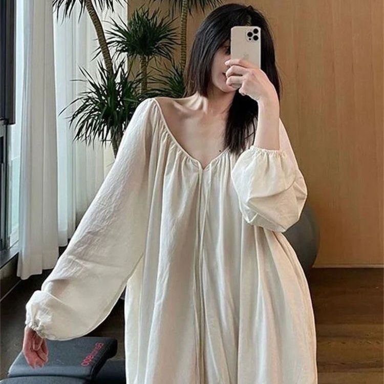Influencer Loose Nightdress ชุดนอนแขนยาวผู้หญิง 2024 ฤดูใบไม้ผลิฤดูใบไม้ร่วงสไตล์ใหม่ Pure Desire สไตล์ขนาดใหญ่ชุด Home