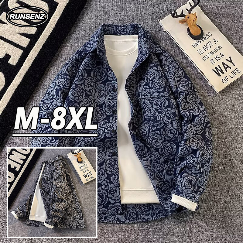 ม-8เอ็กแอล เกาหลีอินเทรนด์แจ็คเก็ตยีนส์ผู้ชายขนาดบวกเสื้อระดับไฮเอนด์สบายๆหลวมแขนยาวเสื้อ ขนาดใหญ่เกินไป