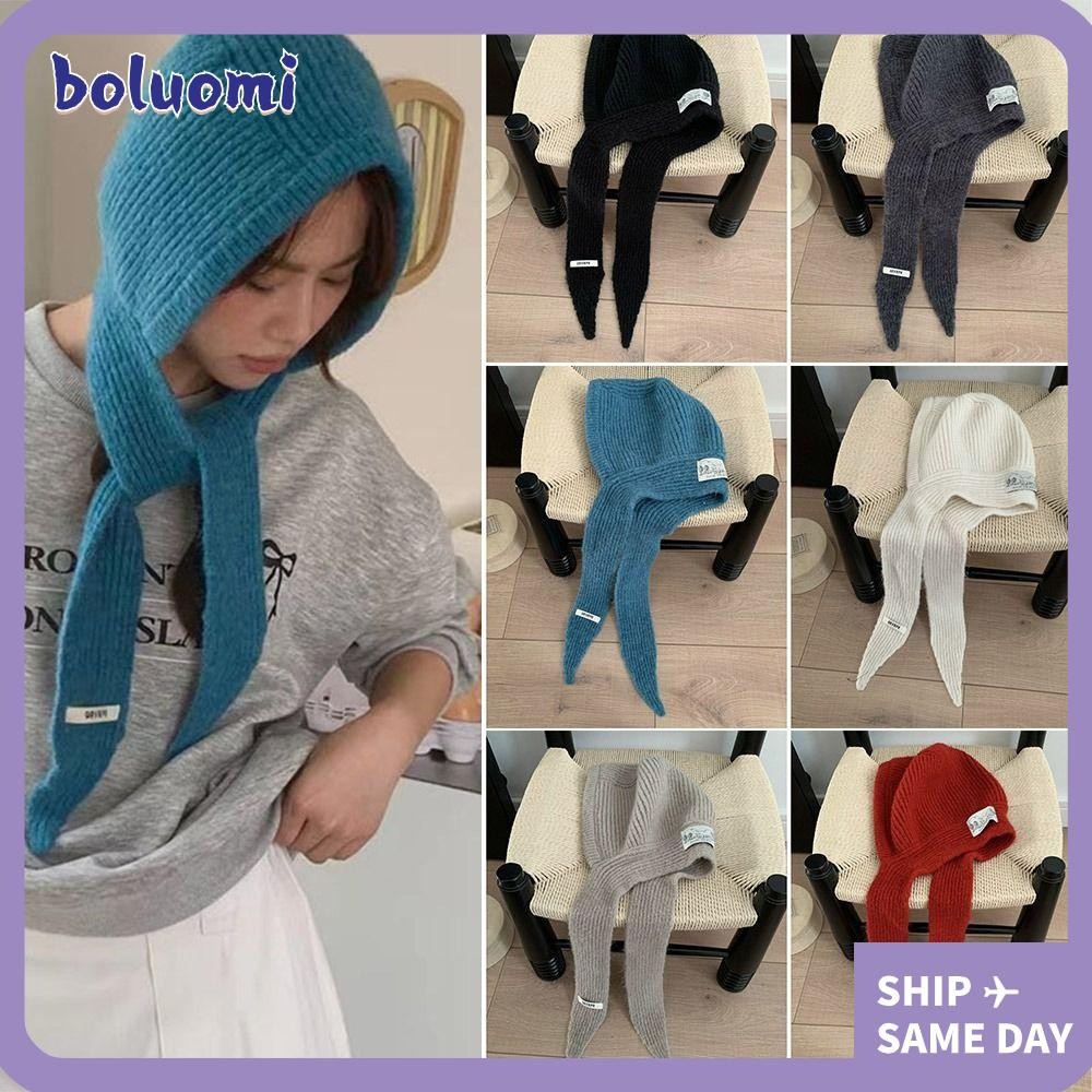 Boluomi ถัก Beanies หมวก,แบบพกพา Casual Balaclava หมวก,ของขวัญสร้างสรรค์ Warm สีทึบ Y2K สไตล์หมวกไหมพรมสาววัยรุ่น