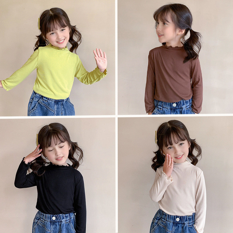 (อายุ 1-12 ปี) เด็กสาวแขนยาวพื้นฐานธรรมดาเสื้อยืดเด็กเต่าคอท็อปส์เสื้อลําลองสไตล์เกาหลี