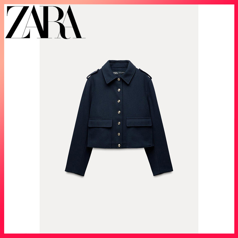 Zara สินค้าใหม่ เสื้อผ้าผู้หญิง สีกรมท่า เสื้อแจ็คเก็ตสั้นแบบนุ่มปุ่มสีทอง