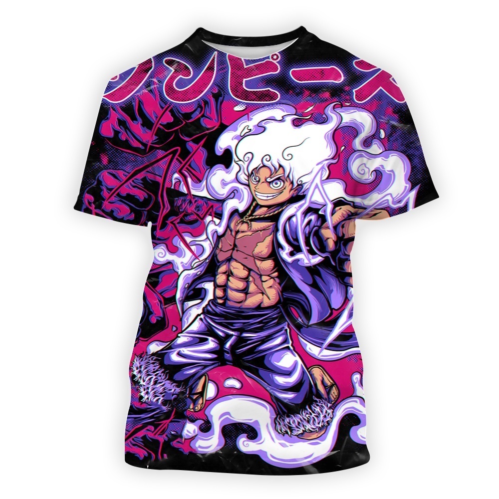 เสื้อยืดแฟชั่นพิมพ์ลายการ์ตูน luffy Gear 5 3D สีม่วงสุดเท่สำหรับเด็กผู้ชายและเด็กผู้หญิง