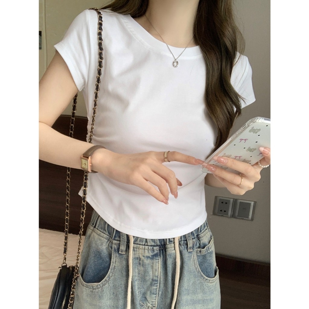 จัดส่งทันที✨เสื้อยืดผู้หญิง ผ้ายืดรูปทรงสวย ด้านข้างออกแบบจีบ ย้อนยุค แขนสั้นคอกลม เสื้อแฟชั่น-T249 - รูปที่ 5
