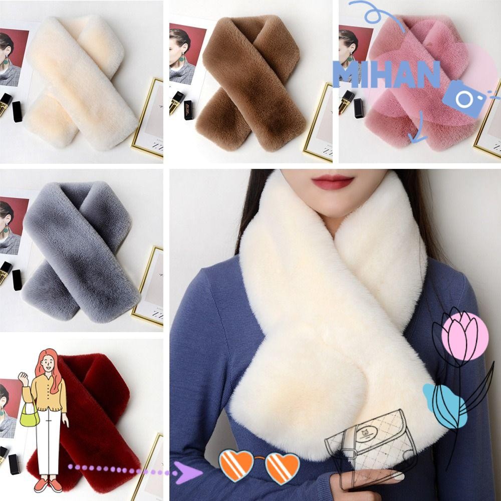 Mh ผ้าพันคอข้าม Thicken Faux กระต่ายขนสัตว์ Plush ฤดูหนาวอุ่นคอ