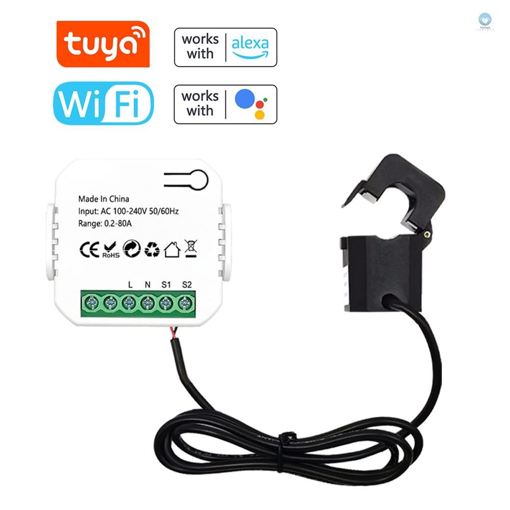 Tuya WiFi Energy Meter 80A Current Transformer Clamp KWh Power Monitor ไฟฟ้าสถิติการตรวจสอบอุปกรณ์ใช้งานร่วมกับ Alexa Home สําหรับควบคุมเสียง