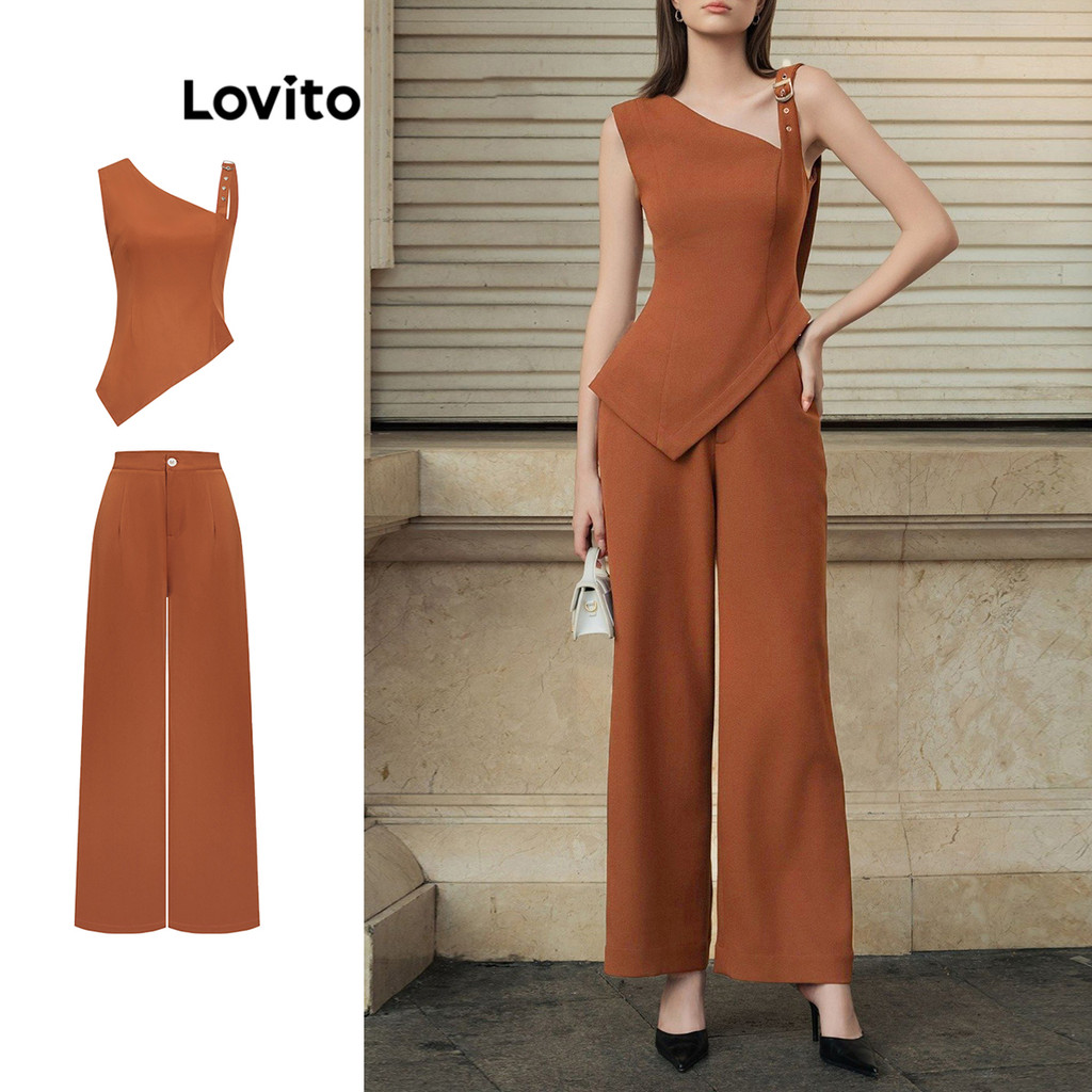 Lovito ชุดกางเกงกระดุมธรรมดาแบบสบาย ๆ สำหรับผู้หญิง L105MD349