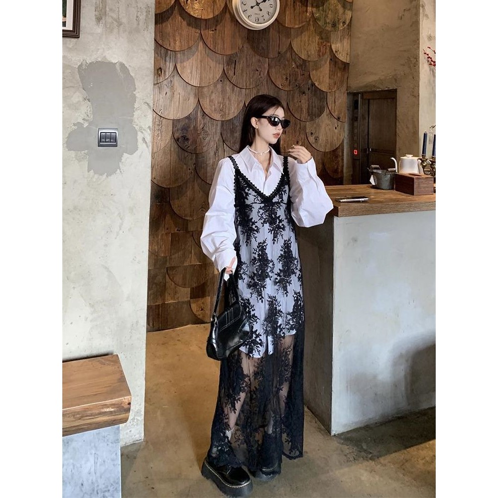 [เดรสผู้หญิงไซส์ใหญ่] อ้วน มม ขนาดใหญ่พิเศษขนาด 150 กก. ฝรั่งเศสปักลูกไม้สลิงชุดเสื้อเชิ้ตสีขาวชุดสองชิ้น 2