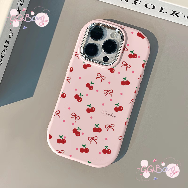 การ์ตูนเชอร์รี่สีแดงโบว์น่ารักชุบโลหะฝาครอบเลนส์ เคสไอโฟน 11 16 XS 12 14 13 15 16 Pro Max 16 7 8 11 14 Plus XR X SE เคส - ภาพย่อย 2