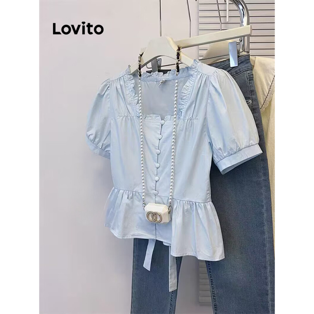 Lovito เสื้อเบลาส์ผู้หญิง แบบผูกเชือก สีพื้น สไตล์น่ารัก LNE43255
