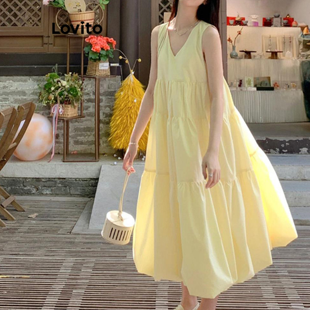 Lovito เดรสผู้หญิง ผ้าเย็บต่อ สีพื้น สไตล์ลำลอง LNA67076