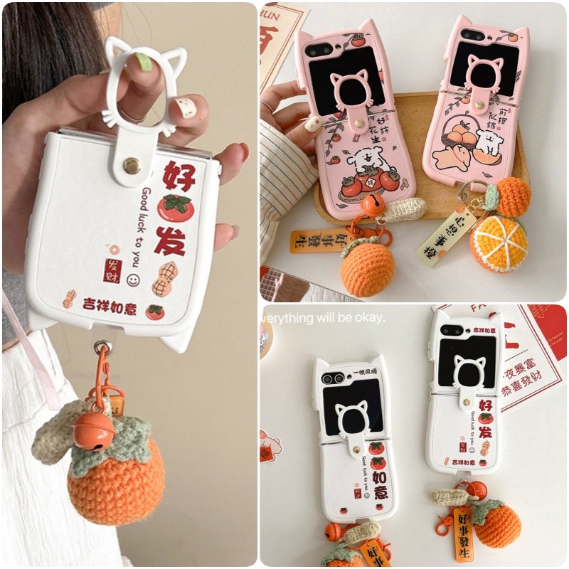 น่ารักหูแมวเคสหนังนุ่ม Samsung Galaxy Z Flip 6 Z Flip 5 Z Flip 4 Z Flip 3 Casing with Cat Ring Pendant Link Buckle กันกระแทก W24 W23 Flip