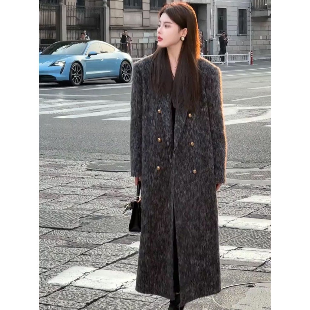 Autumn and Winter New High-end Hepburn Style Cotton Thickened Woolen Coat Elegant Shoulder Pad Long Grey Coat