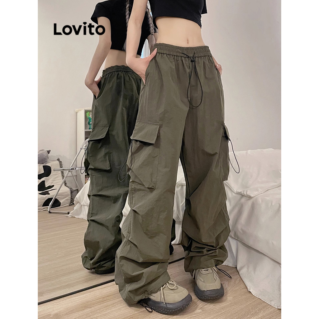 Lovito กางเกงขายาวผู้หญิง มีเชือกผูกด้านหน้า มีกระเป๋า สีพื้น สไตล์วินเทจ LNA37086 (สีเขียว)
