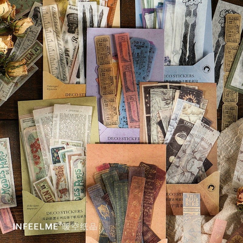 40 ชิ้น Vintage สมุดภาพ Washi สติกเกอร์โบราณตกแต่ง Planner Journal Decals Retro DIY Self-Adhesive Washi สติกเกอร์กระดาษสําหรับอัลบั้มรูปการ์ด DIY โครงการ