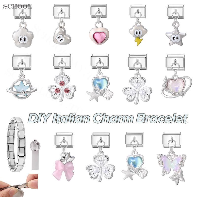 สร้อยข้อมือสแตนเลส Love Peach Bow พร้อม charm จี้สไตล์อิตาเลียน ขนาด fit 9 มม. เหมาะสำหรับทำเครื่องประดับเอง retro และเสริมบุคลิกภาพ