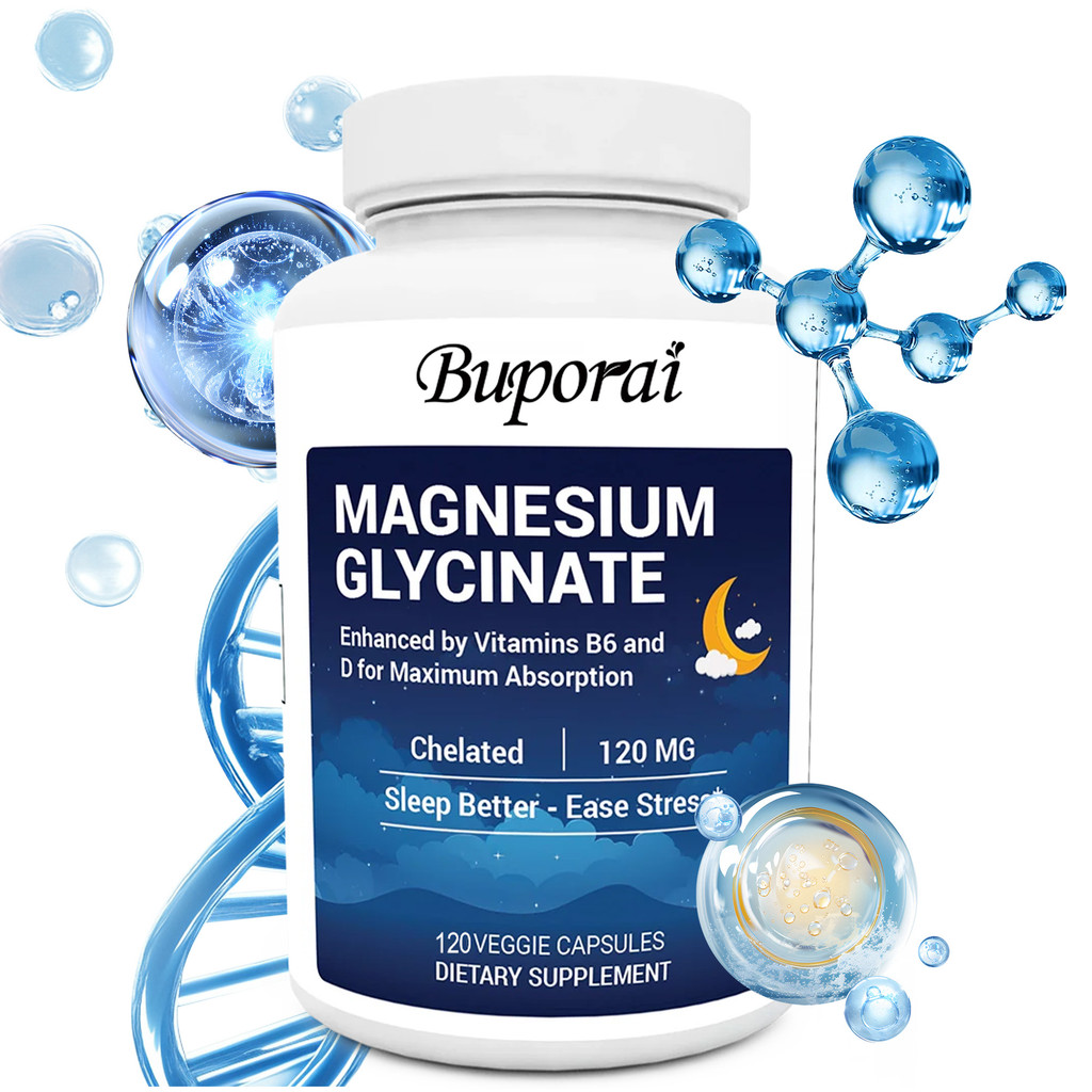 Buporai Magnesium Glycinate with Vitamin D, B6 & Zinc for Stress Relief, Calm, Relaxing, & Good Sleep* - แคปซูลเสริมแมกนีเซียม 120 มก. - Chelated Magnesium Glycinate