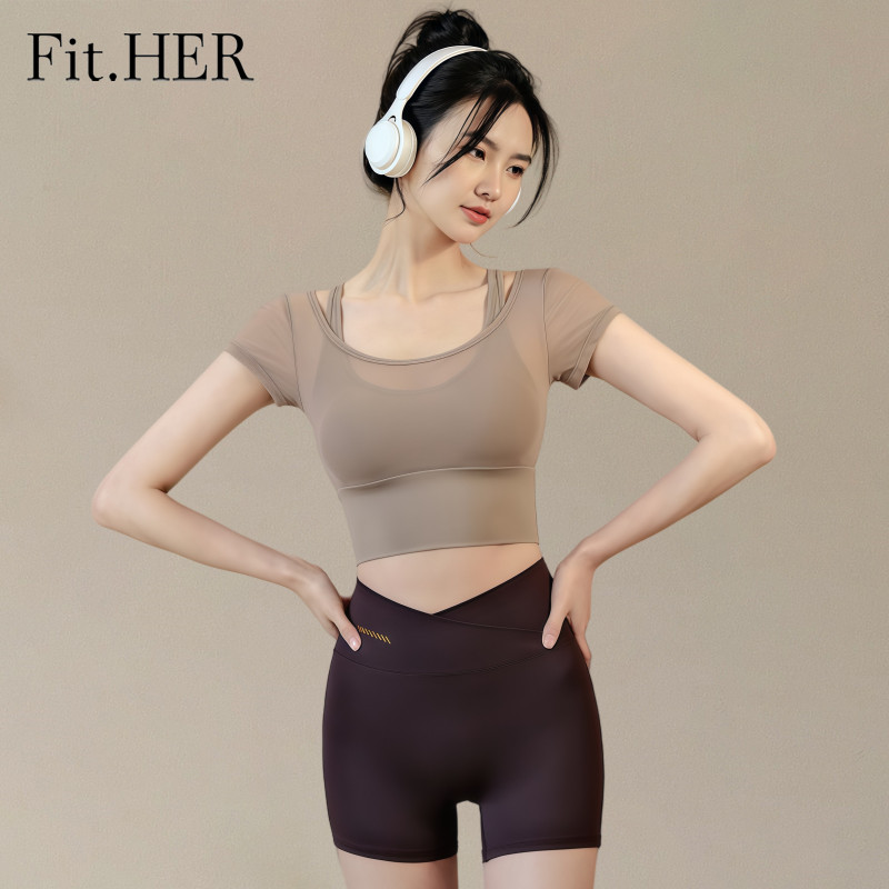 Fit HER ผู้หญิงฤดูร้อนพิลาทิสการฝึกอบรมและฟิตเนสชุดยอดนิยมพร้อมเบาะหน้าอกโยคะ Top, High End กีฬาแขนสั้นเสื้อยืด