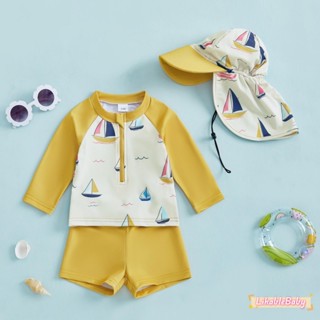 ชุดท็อปส์แขนพิมพ์เรือใบและกางเกงขาสั้นสำหรับเด็กชาย มาพร้อมห…