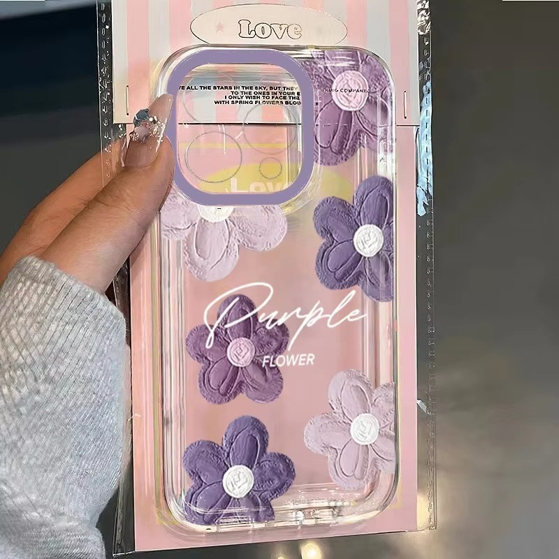 เคสโทรศัพท์แบบใสสําหรับiPhone 16 15 14 13 11 12 Pro Max 16E X XS XR 7 8 Plus SE 2020 ฝาครอบดอกไม้สีม่วงลึก
