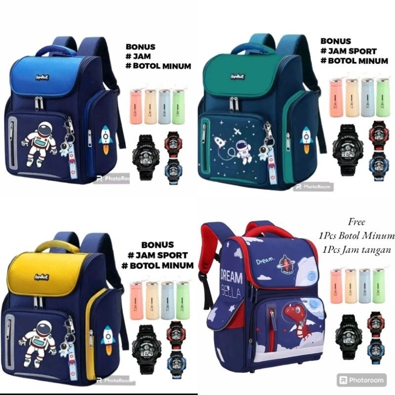 DELI STORE PDF กระเป๋าโรงเรียนประถมศึกษามัธยมต้นนาฬิกาโบนัสและขวดเครื่องดื่มกระเป๋าเป้สะพายหลังเด็กช