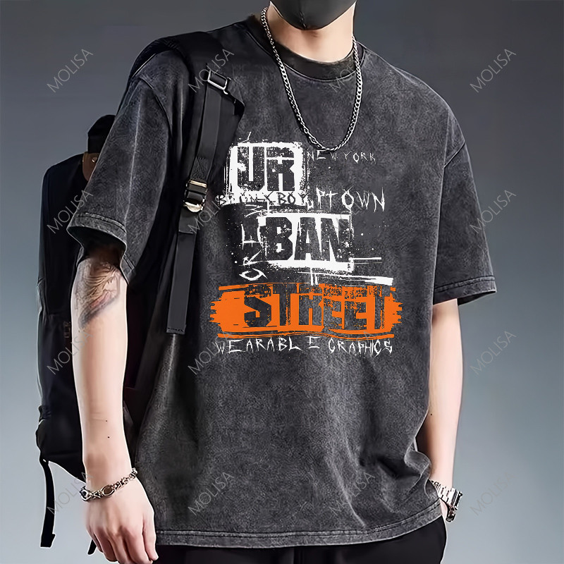Printed T shirt เสื้อยืดคอกลม ผ้าฝ้าย สวมใส่สบายและเย็นสบาย เสื้อสีดำ ผ้าฟอก มินิมอล 68090#