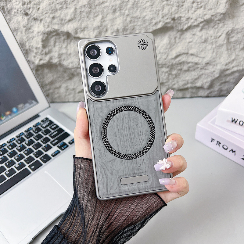 SAMSUNG สําหรับSamsung Galaxy S25 Ultra S24 S23 UltraหรูหราFramelessลายไม้PUหนังแม่เหล็กกรณีSlimชาร์จไร้สายHard Anti-Fallป้องกันปกหลัง