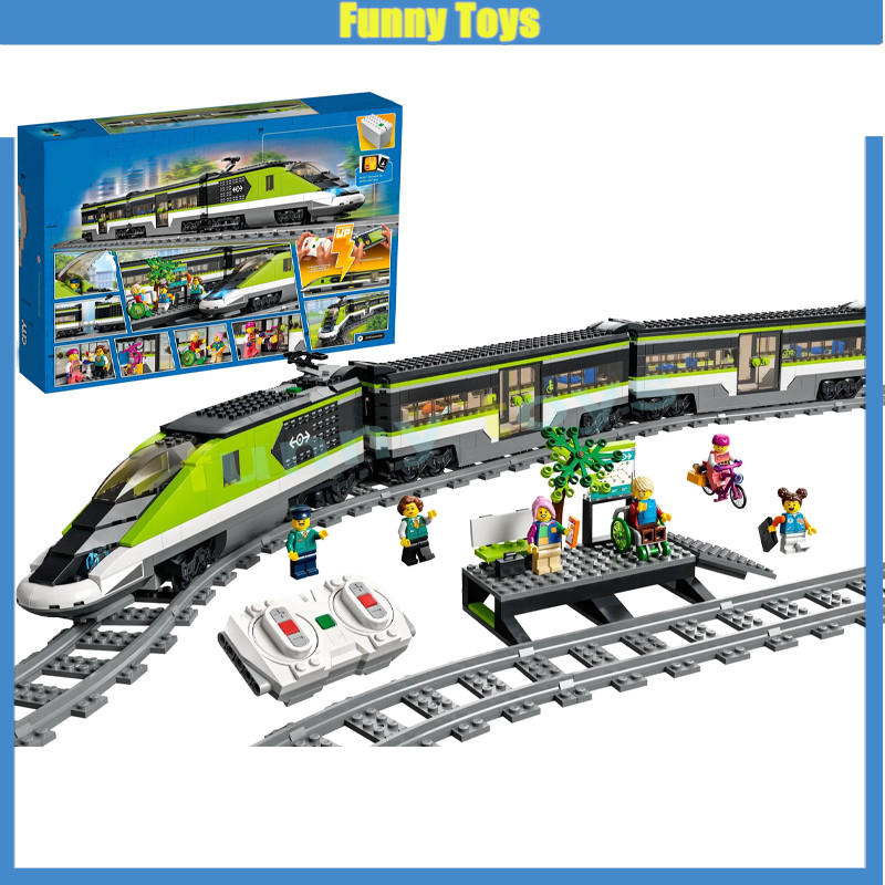 60337 Express รถไฟผู้โดยสารบล็อกตัวต่อเมืองรถไฟ RC ของเล่นของขวัญสําหรับเด็กชายและเด็กหญิง