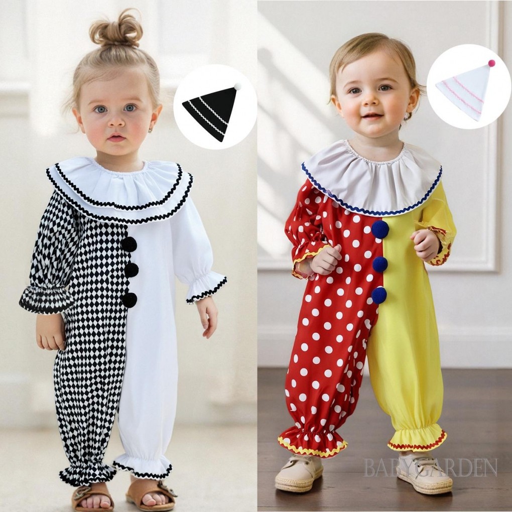 //-6Month-5years เด็กทารกตัวตลกฮาโลวีนเครื่องแต่งกาย Contrast สีแขนยาว Jumpsuit และหมวก