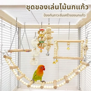 8-ชิ้นผสมนกแก้วนกของเล่นนกแก้วการฝึกอบรมของเล่นไม้ธรรมชาตินกแก้ว-Swing-Perch-ของเล่นนก-Cage-Climb