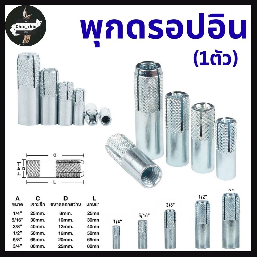 พุกดรอปอิน พุกฝัง ขนาด 1/4" 5/16" 3/8" 1/2" 5/8" (1ตัว)