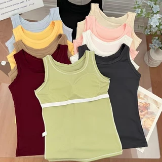 YY112 เสื้อกล้ามมีบราในตัว เสื้อกล้ามลำลอง เบสิก สีพื้นเปิดไหล่ สำหรับสตรี หยืดหยุ่นนุ่มและใส่สบาย ราคาถูกสุดฮิต