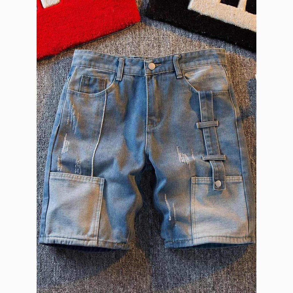 Street Wear American High Street Fashion Stitching Denim Shorts Men Niche Design Casual Middle Pants