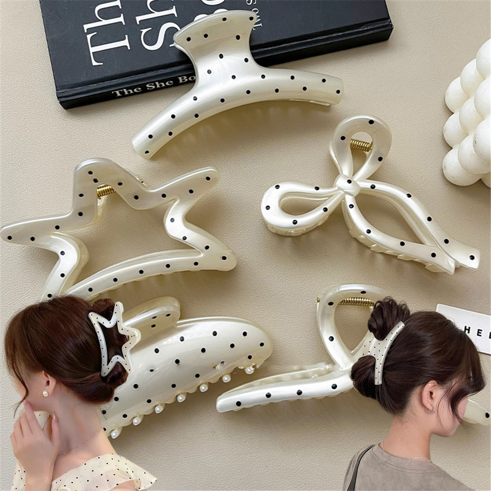 คลิปหนีบผมขนาดใหญ่ สไตล์หวานๆ มุกจุดสีขาว ออกแบบพิเศษด้านหลังเป็นรูปหัวฉลาม สำหร