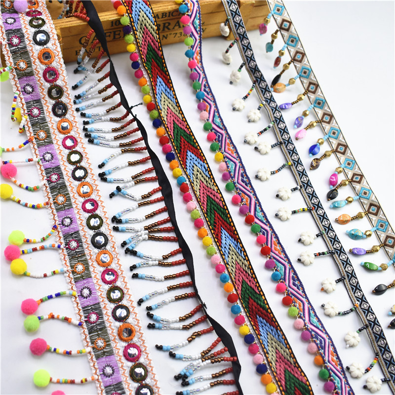 1Yards ผ้าไหมพู่ Fringe Trim พู่ลูกไม้ริบบิ้น Pompom Trims ผ้าสําหรับเย็บเสื้อผ้าลูกปัดเย็บปักถักร้อยริบบิ้นสําหรับเย็บปักถักร้อยรองเท้ากระเป๋าวัสดุผ้าม่าน Tassels