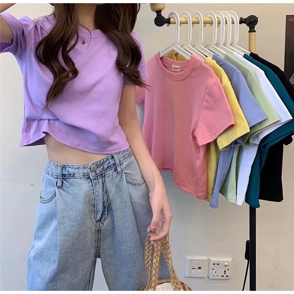 SHOP_MKL🌿เสื้อครอป คอกลม แขนสั้น ผ้านิ่มลื่น#9020
