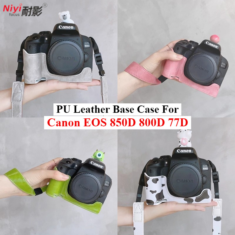เคสฐานหนัง PU Canon EOS 850D 800D กล้องป้องกันฐานครึ่งแพ็ค Canon 77D ฝาครอบกระเป๋าด้านล่างเปิดแบตเตอ