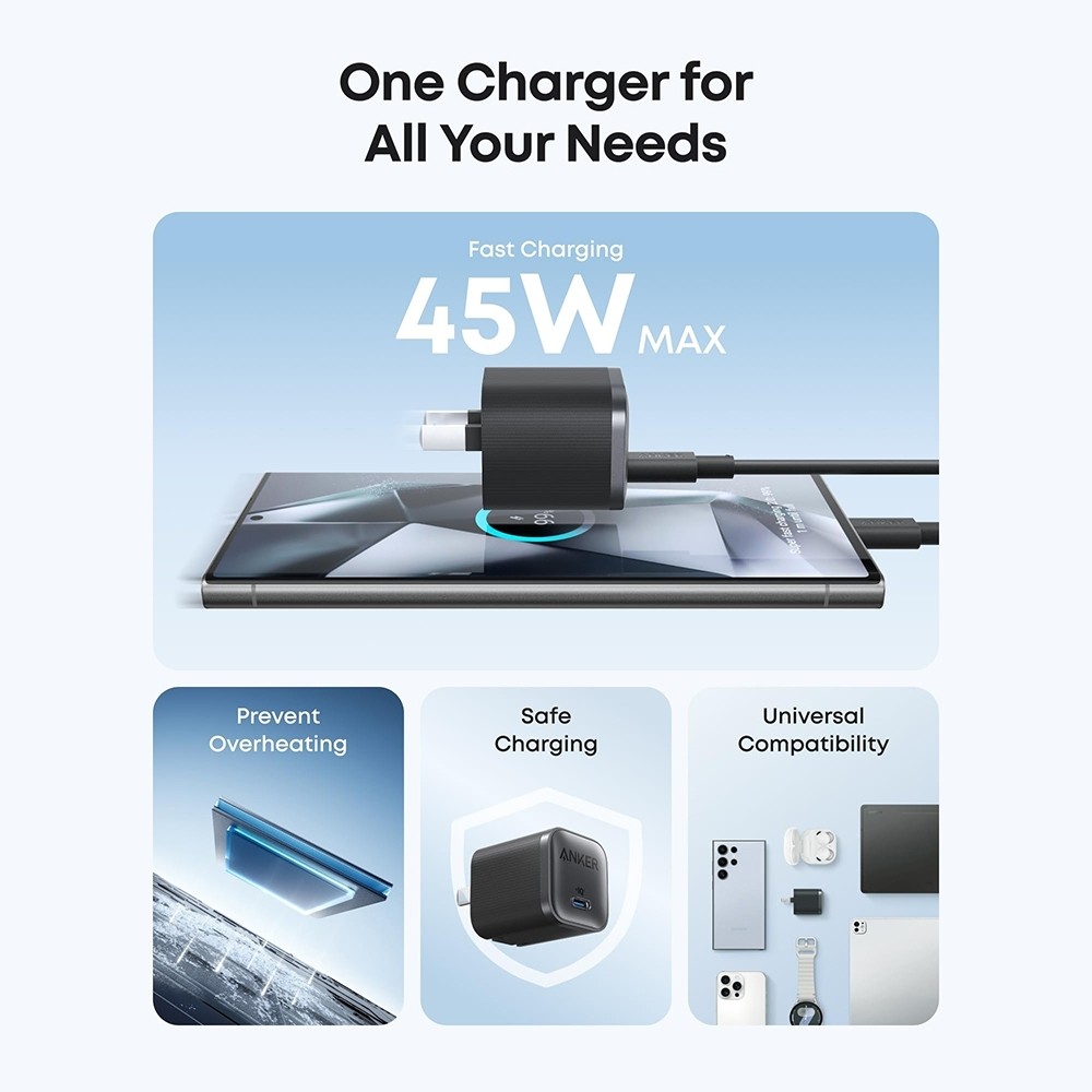 Anker Nano 45W Type-C Fast Chlere 45W GaN USB C Charger Ultra-Light สําหรับพอร์ตไม่มีรอยต่อ