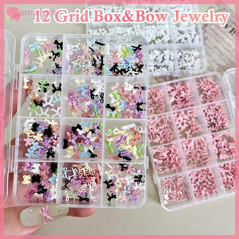 RENBG 12 กริดสีสัน Bowknot ชุดเรซิ่นริบบิ้นอุปกรณ์ตกแต่งเล็บ DIY เล็บเล็บอัญมณี TH