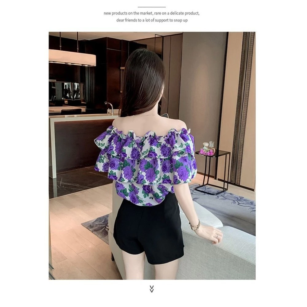 เสื้อเชิ้ตลายดอกวันสงกรานต์ สไตล์เปิดไหล่ แขนสั้นขอบใบบัว thumbnail 9