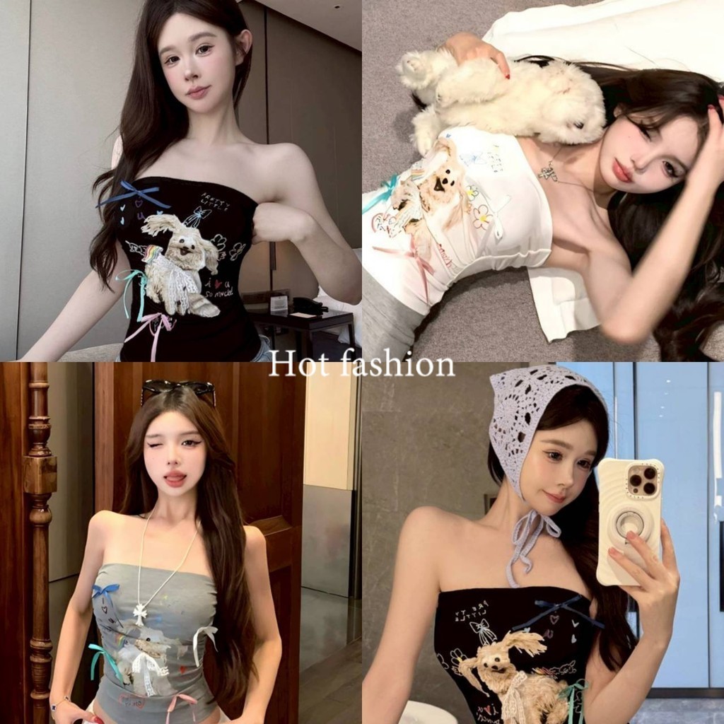 HOT FASHION THAI พร้อมส่ง เสื้อเกาะ มีฟองน้ำในตัว ดีเทลลายน้องน่ารักๆหมา สีพื้นใส่สบาย-FY5546