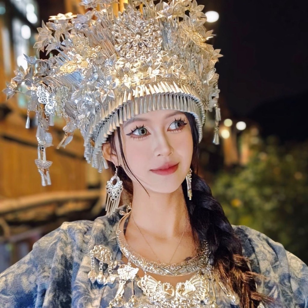 หมวกผูกผมสไตล์พื้นเมือง วัฒนธรรมยูนนาน กวางสี กุ้ยโจว เหมียวเหมี่ยว สวยงามสะดุดตา