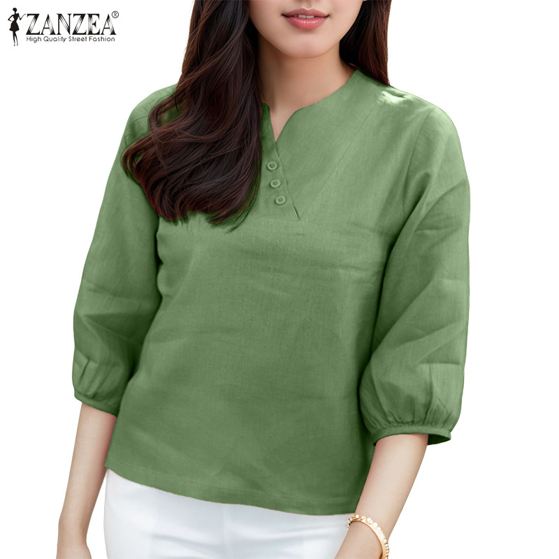 ZANZEA เสื้อลำลองผู้หญิง คอนักรถ แขนยาว 3/4 ทรงหลวม