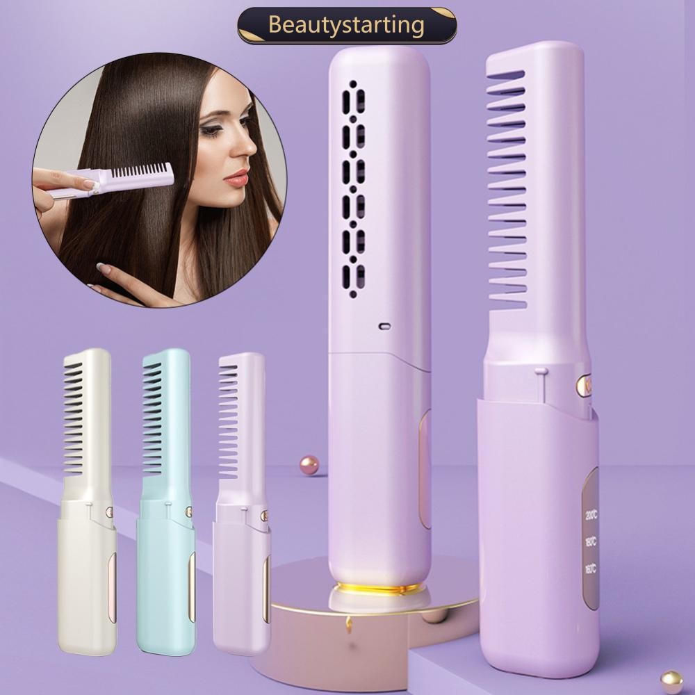 BEAUTYSTARTING 2-in-1 Mini Travel Hair Styler ไร้สาย USB-C ชาร์จ Curling & Straightening LCD หวีปิดอ