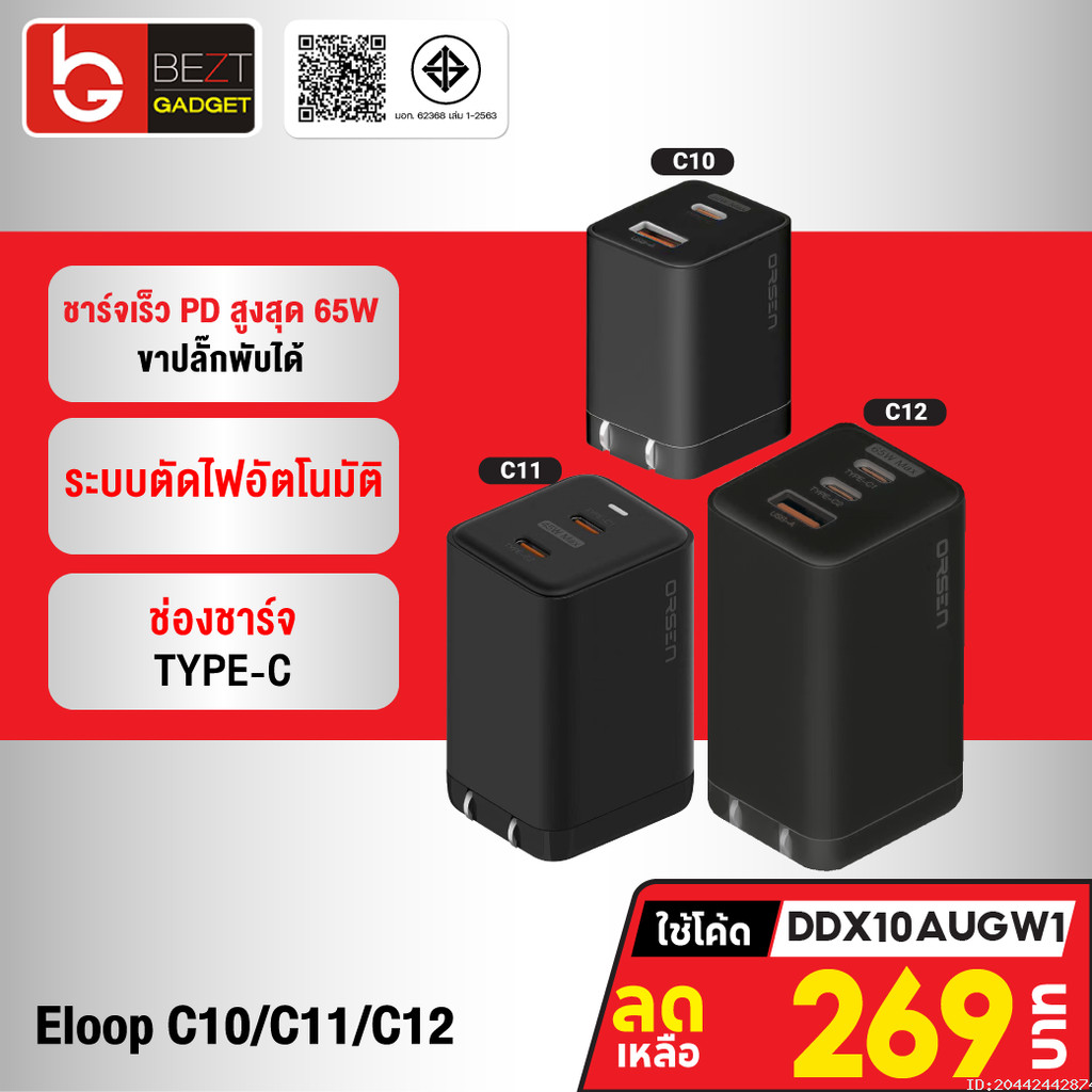 [269บ.โค้ดคุ้ม] Eloop C10 / C11 / C12 GaN รวม หัวชาร์จเร็ว PD สูงสุด 65W | Orsen Apapter หัวชาร์จ US