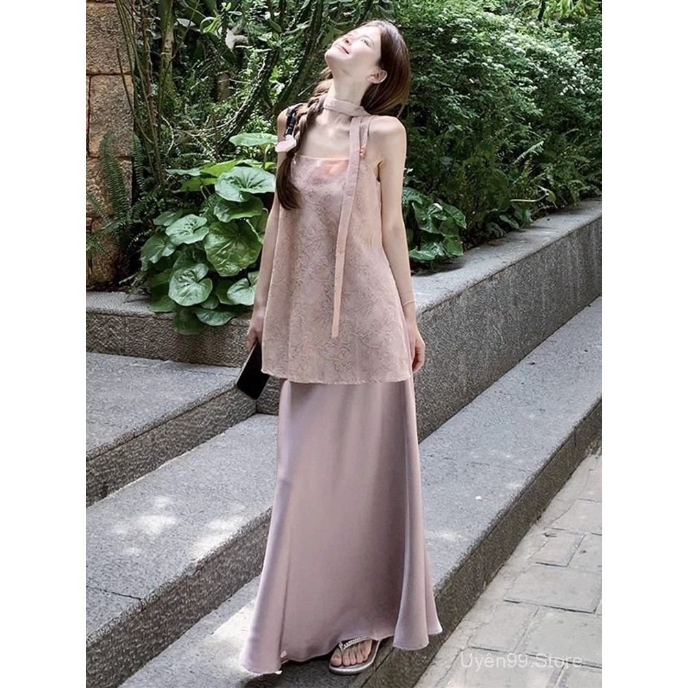 [KPI1]ชุดหน้าร้อนสไตล์จีนแบบใหม่ เสื้อผูกคอแขนกุด กระโปรงสองชิ้นเรียบหรู